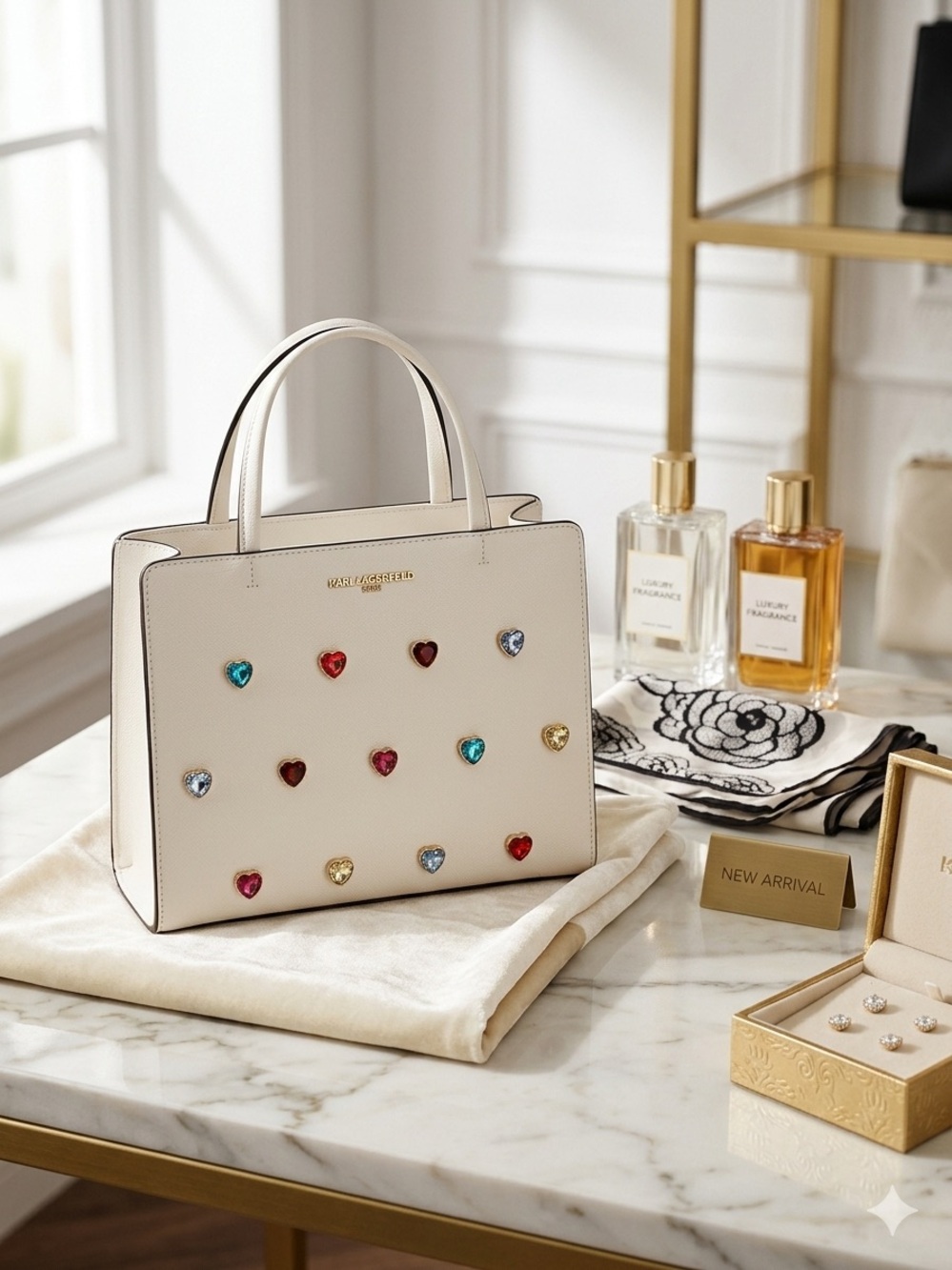 Karl Lagerfeld Cream Satchel with Multicolor Heart Gems